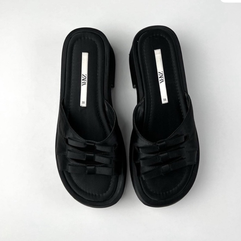 Zara Black Block Heeled Satín Sandals with Bow Detail